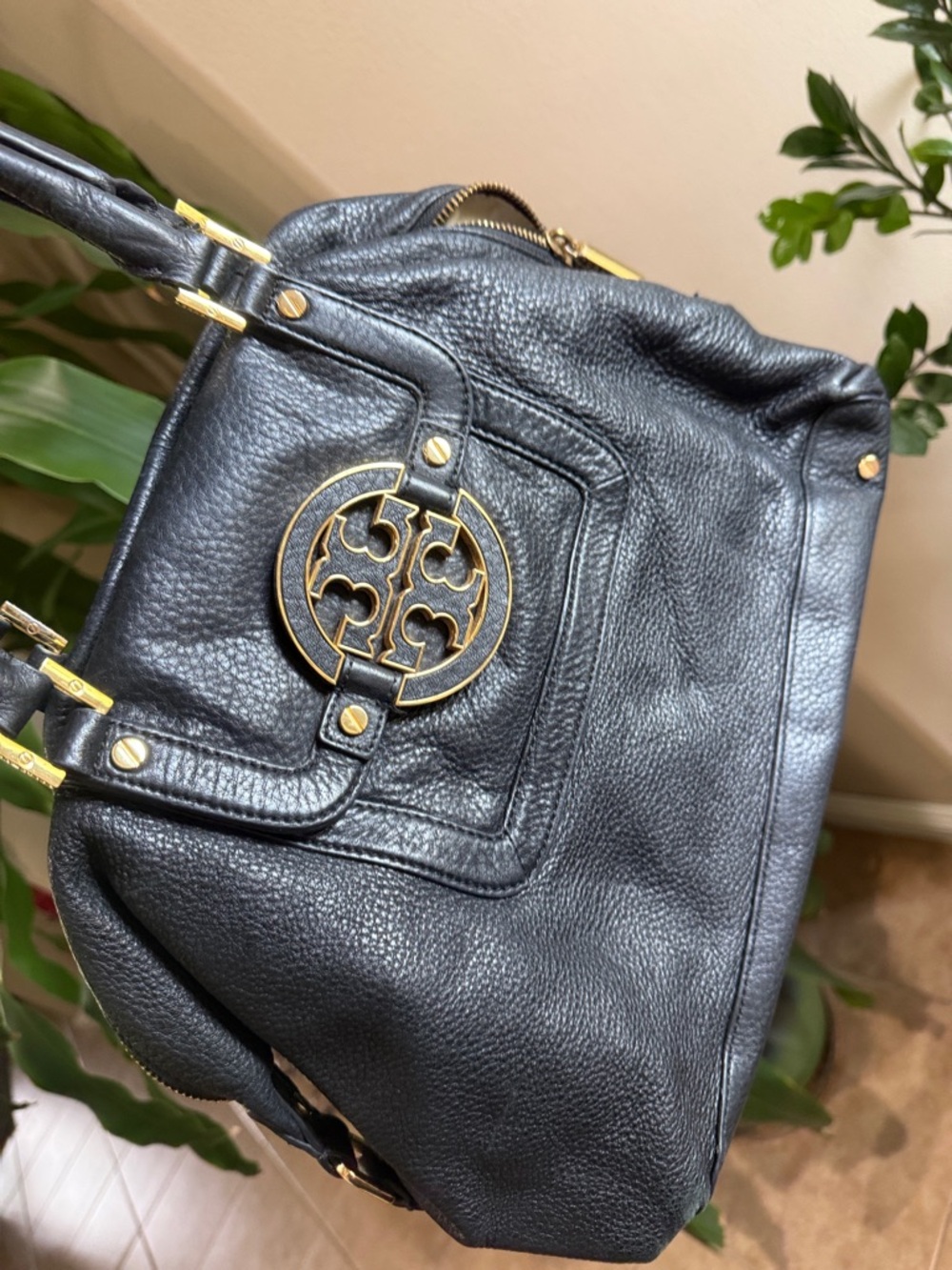 Tory Burch Black Pebbled Leather Shoulder Bag with Gold Logo